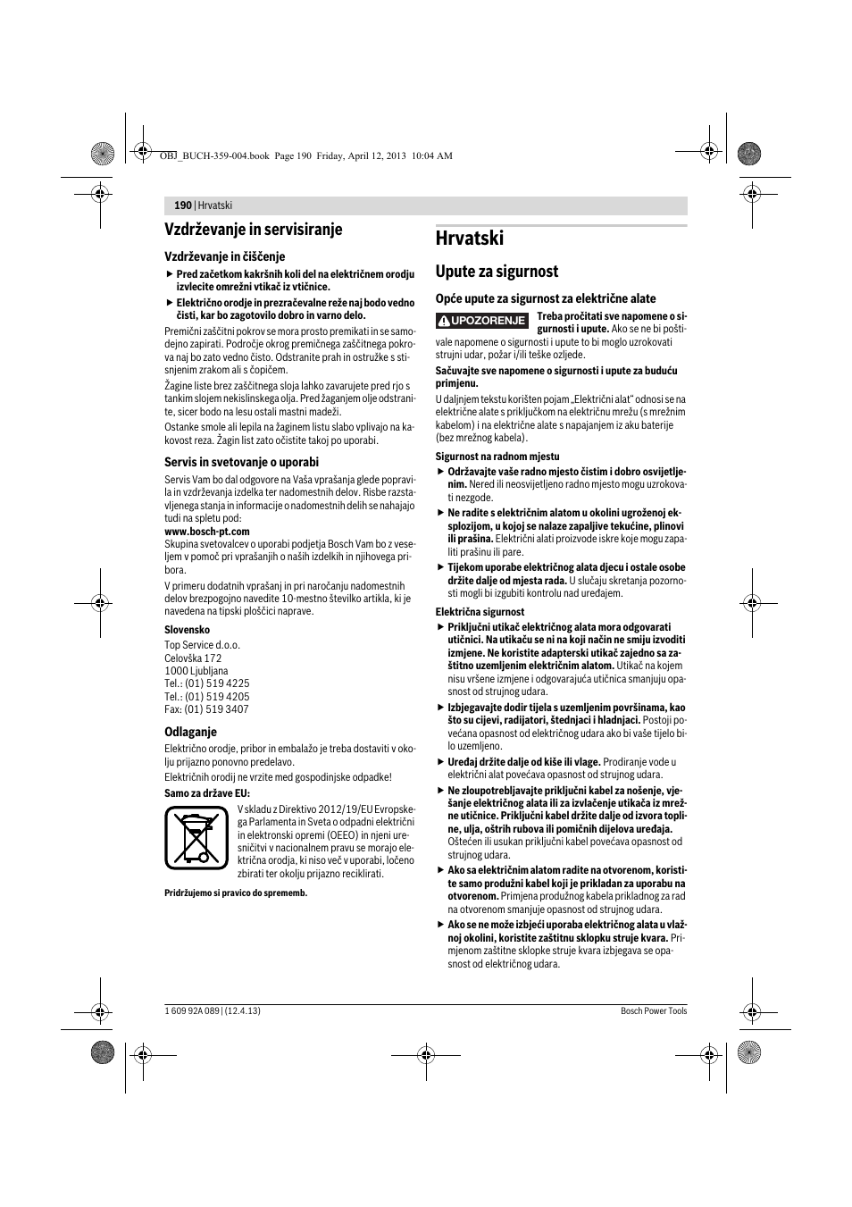 Hrvatski, Vzdrževanje in servisiranje, Upute za sigurnost | Bosch GKS 65 G Professional User Manual | Page 190 / 235