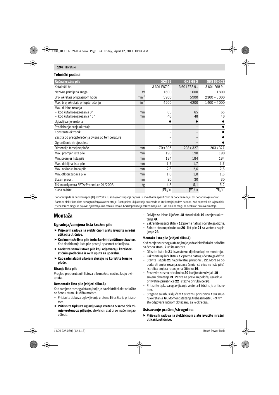 Montaža | Bosch GKS 65 G Professional User Manual | Page 194 / 235