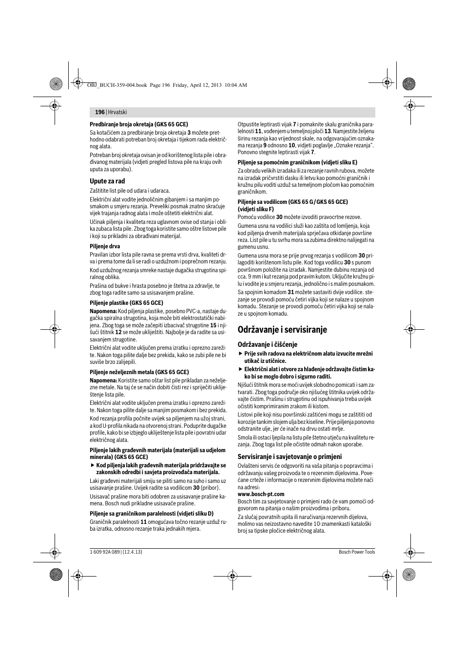 Održavanje i servisiranje | Bosch GKS 65 G Professional User Manual | Page 196 / 235