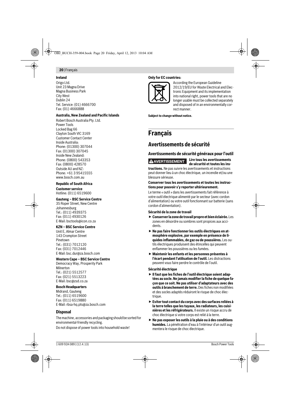 Français, Avertissements de sécurité | Bosch GKS 65 G Professional User Manual | Page 20 / 235