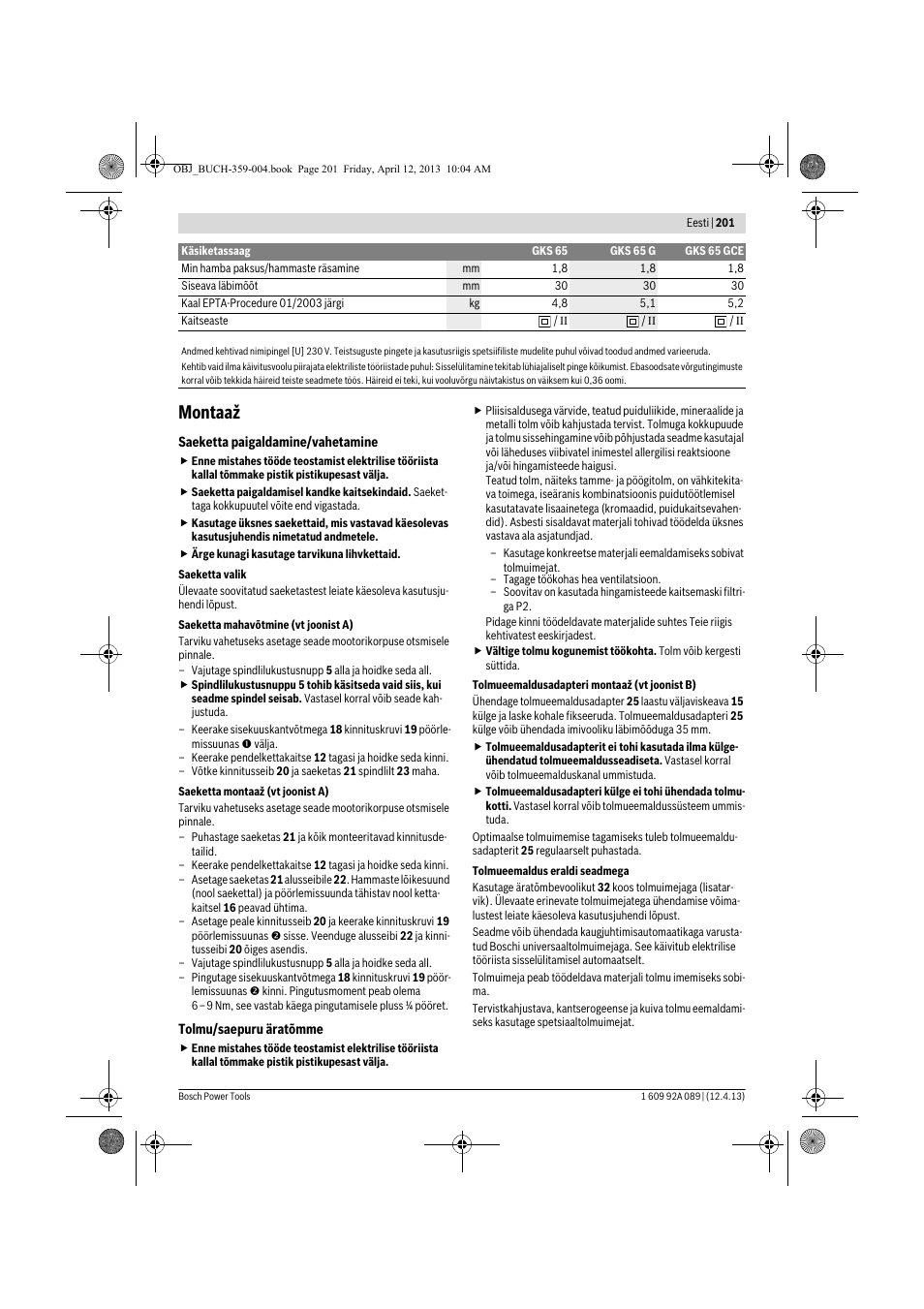 Montaaž | Bosch GKS 65 G Professional User Manual | Page 201 / 235