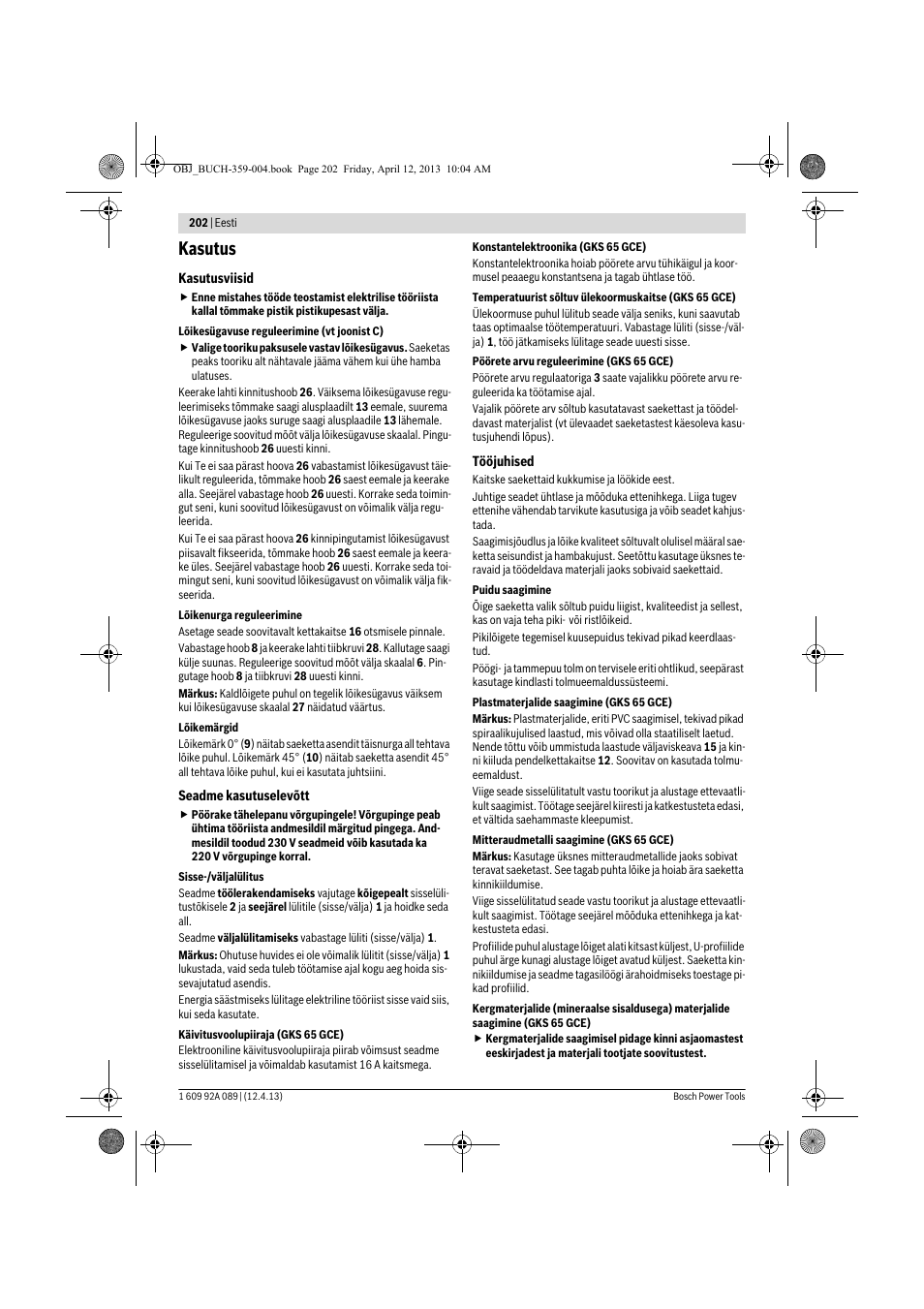 Kasutus | Bosch GKS 65 G Professional User Manual | Page 202 / 235