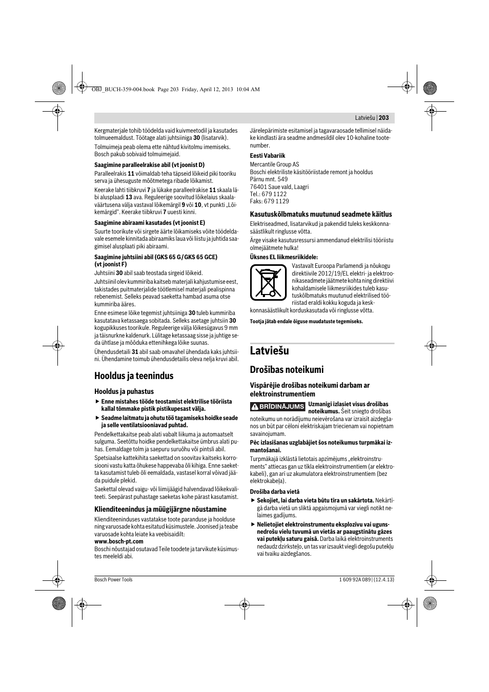 Latviešu, Hooldus ja teenindus | Bosch GKS 65 G Professional User Manual | Page 203 / 235