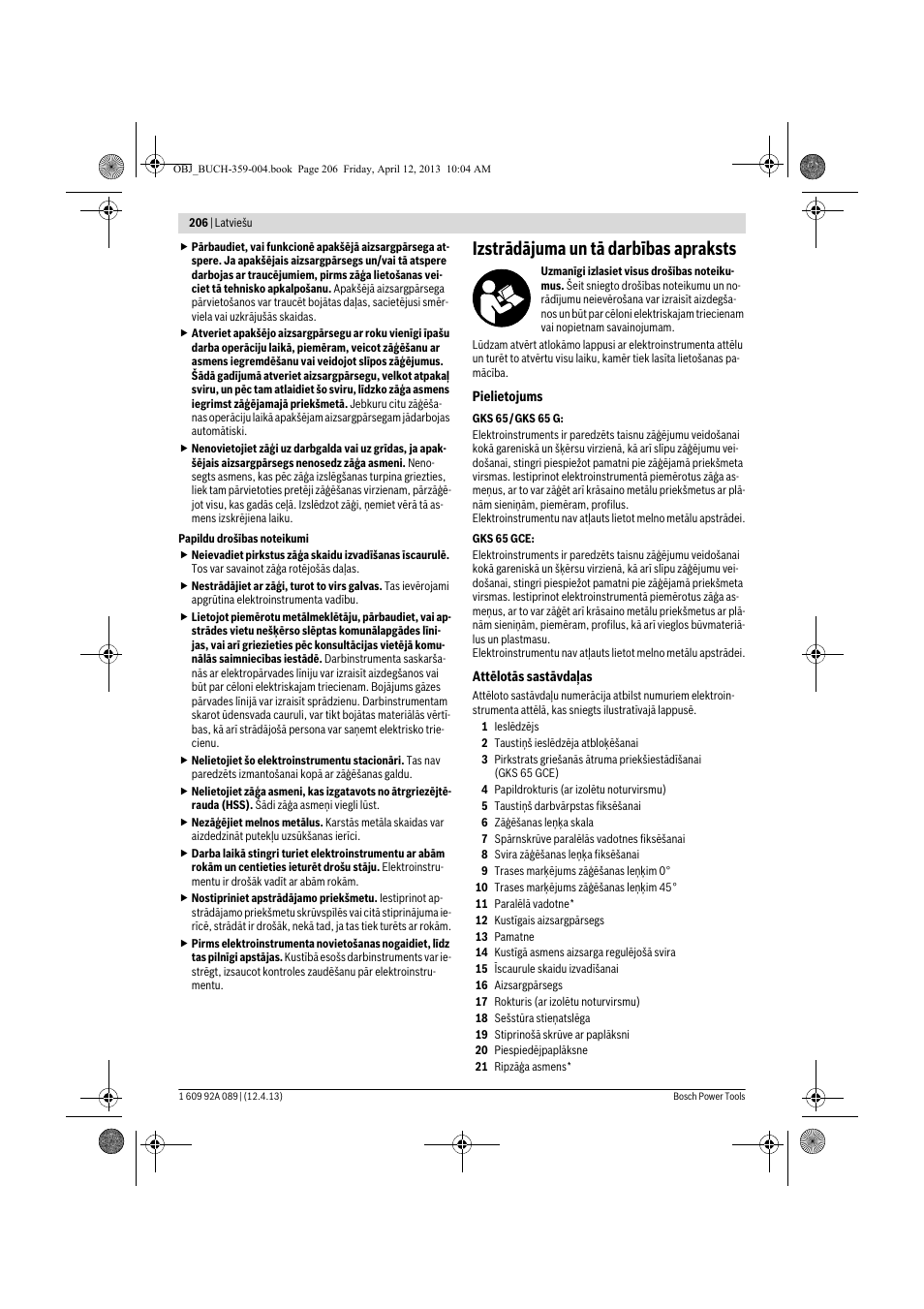 Izstrādājuma un tā darbības apraksts | Bosch GKS 65 G Professional User Manual | Page 206 / 235