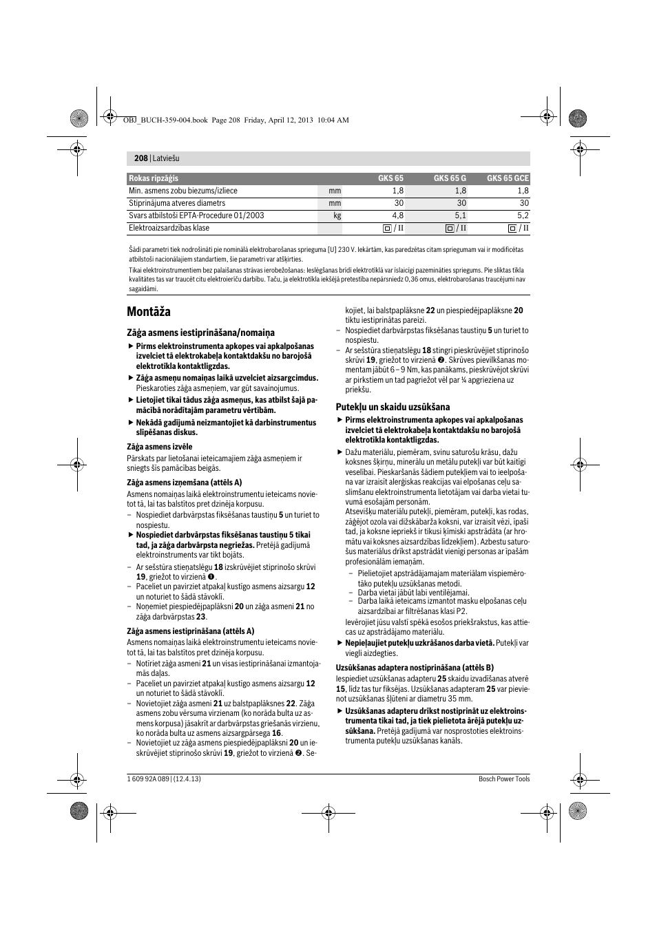 Montāža | Bosch GKS 65 G Professional User Manual | Page 208 / 235