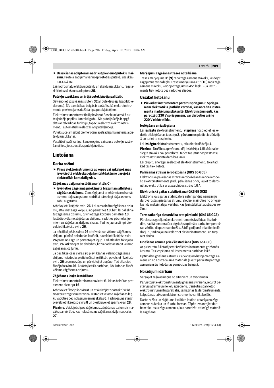 Lietošana | Bosch GKS 65 G Professional User Manual | Page 209 / 235