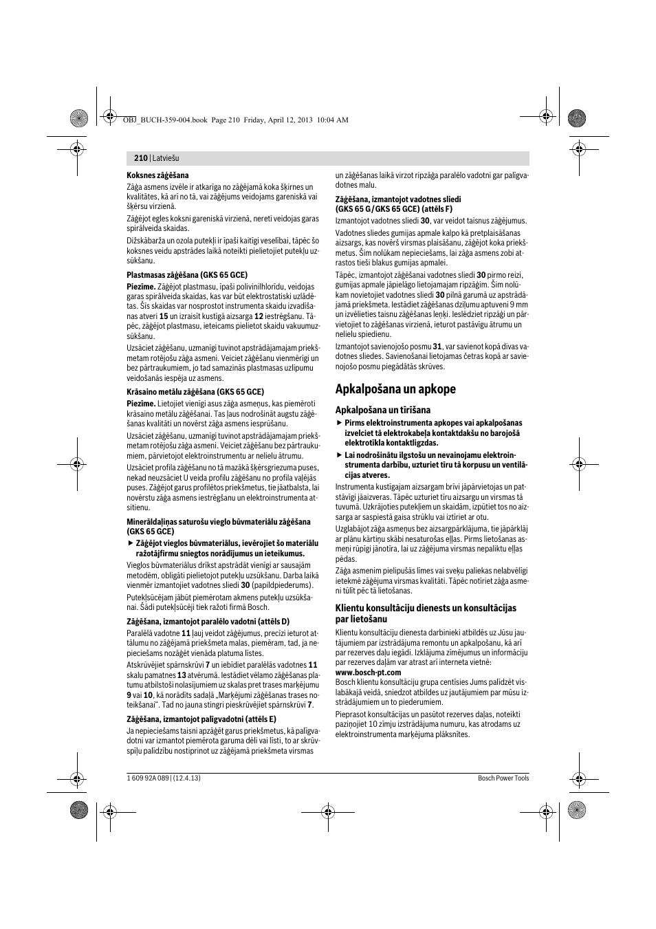 Apkalpošana un apkope | Bosch GKS 65 G Professional User Manual | Page 210 / 235