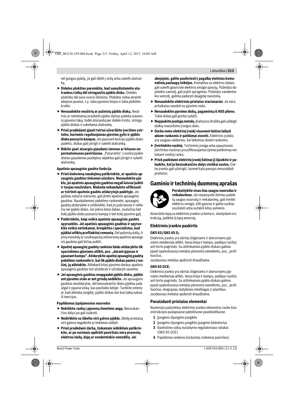 Gaminio ir techninių duomenų aprašas | Bosch GKS 65 G Professional User Manual | Page 213 / 235