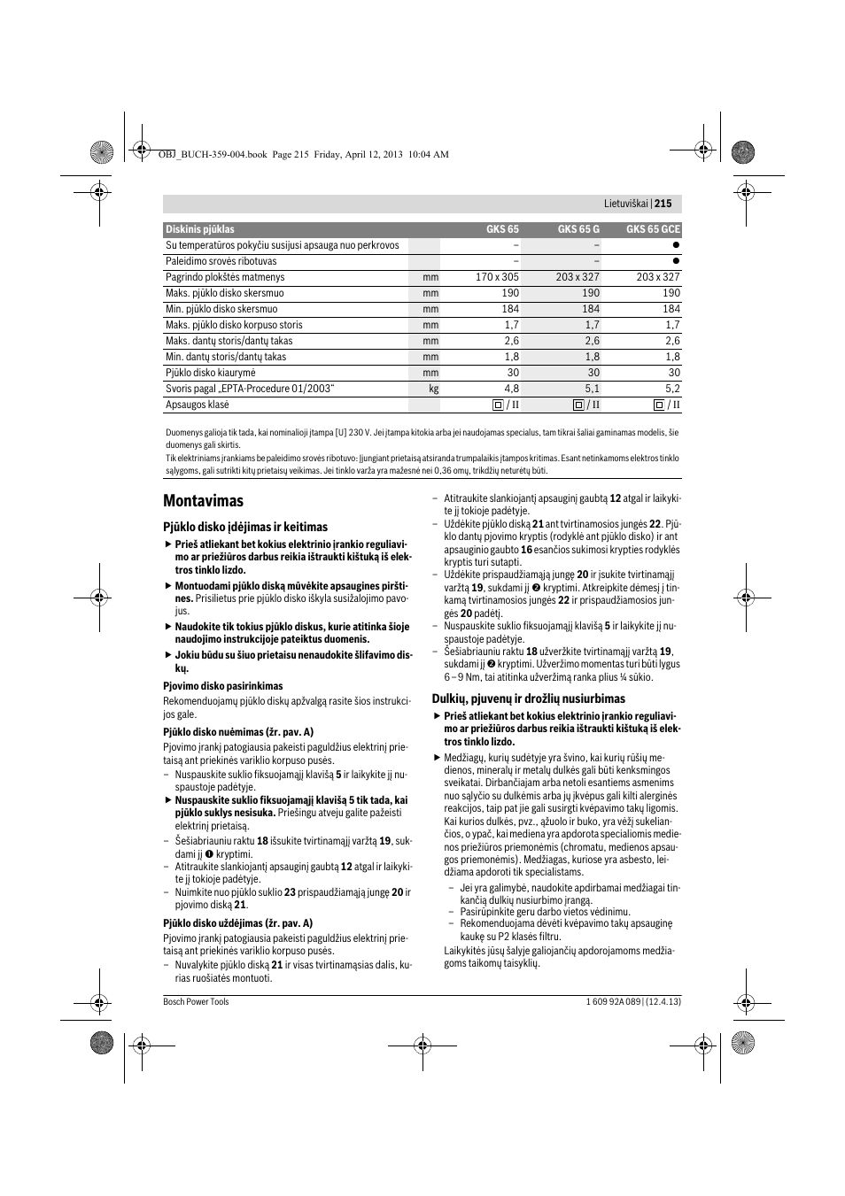 Montavimas | Bosch GKS 65 G Professional User Manual | Page 215 / 235