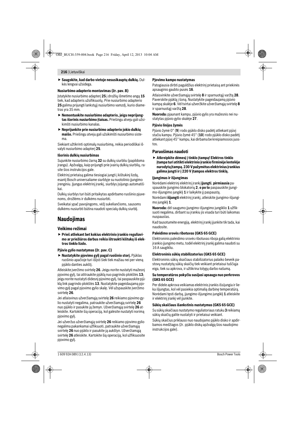 Naudojimas | Bosch GKS 65 G Professional User Manual | Page 216 / 235