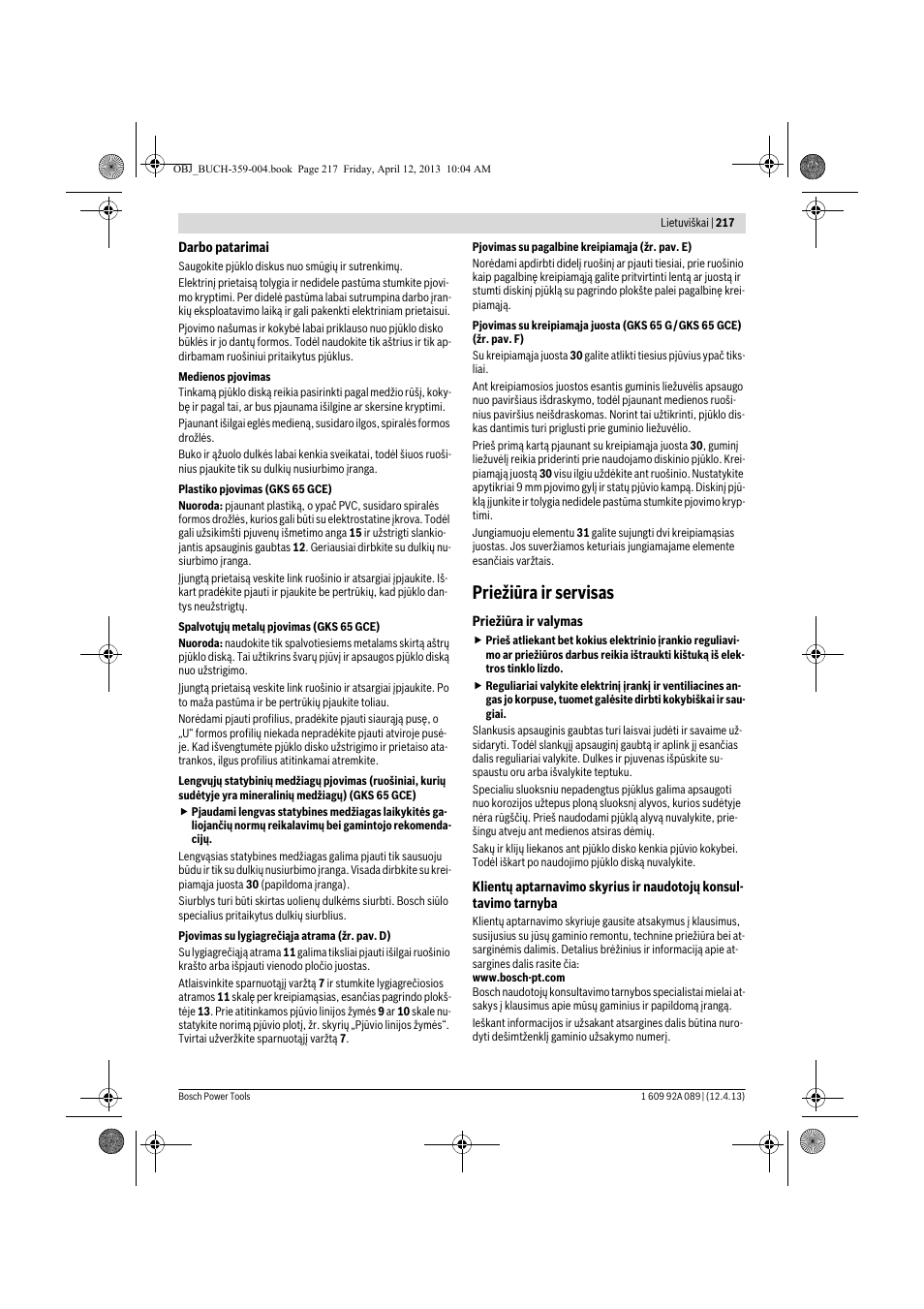 Priežiūra ir servisas | Bosch GKS 65 G Professional User Manual | Page 217 / 235