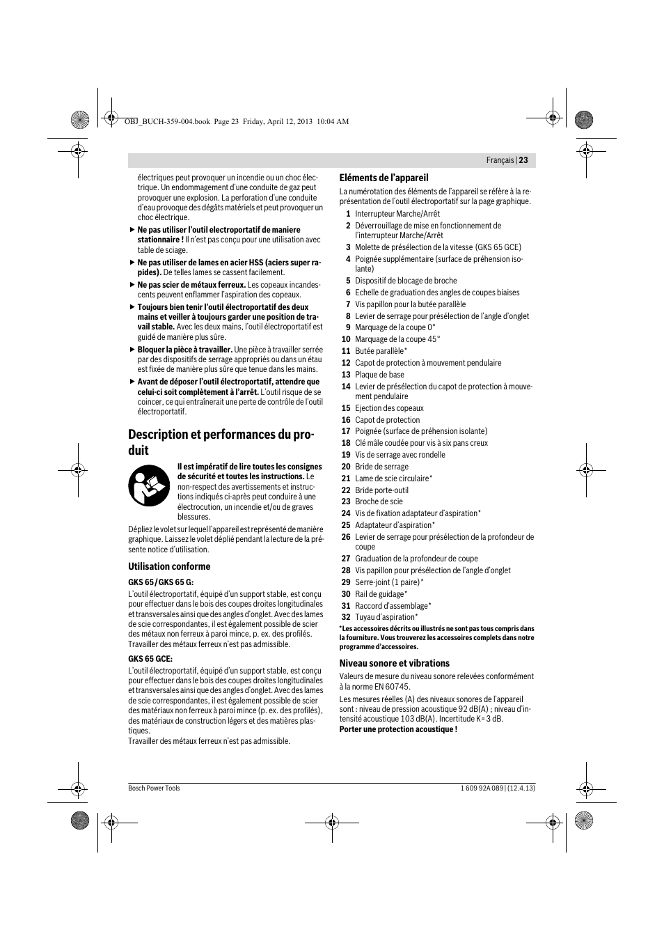 Description et performances du pro- duit | Bosch GKS 65 G Professional User Manual | Page 23 / 235