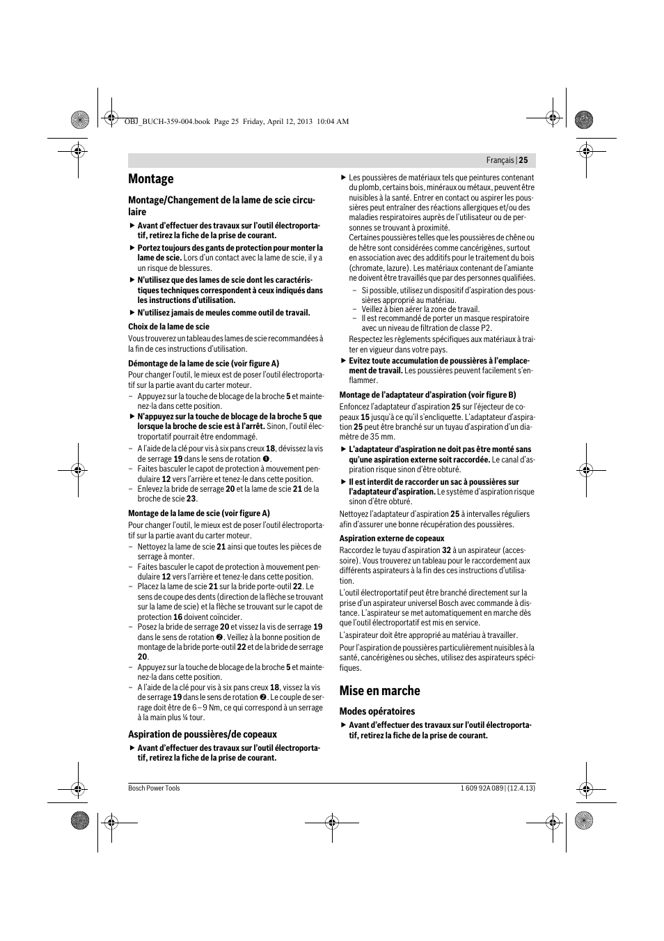 Montage, Mise en marche | Bosch GKS 65 G Professional User Manual | Page 25 / 235