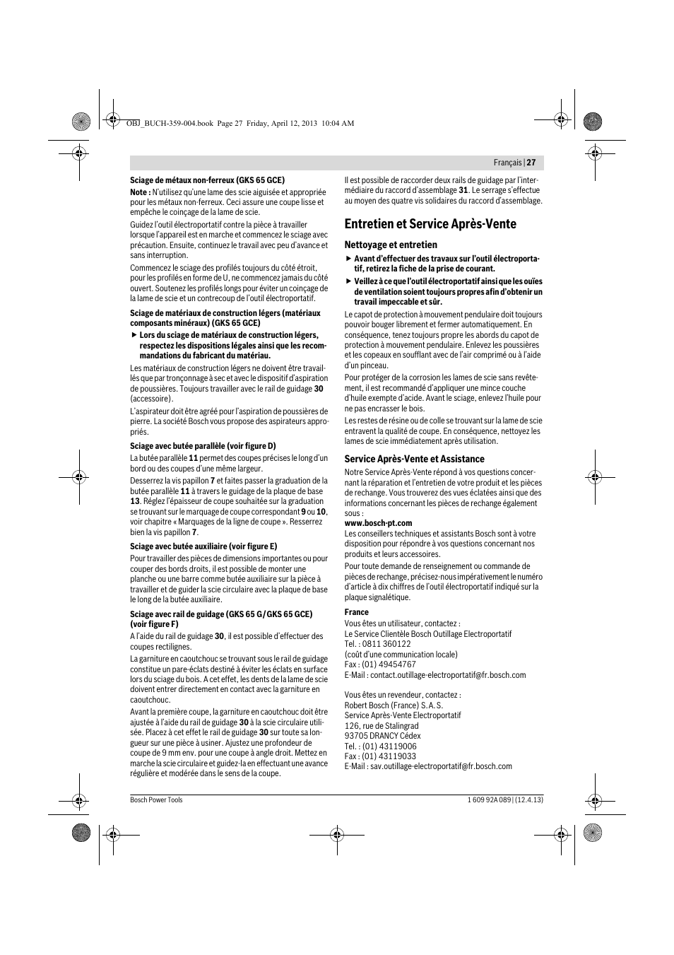 Entretien et service après-vente | Bosch GKS 65 G Professional User Manual | Page 27 / 235