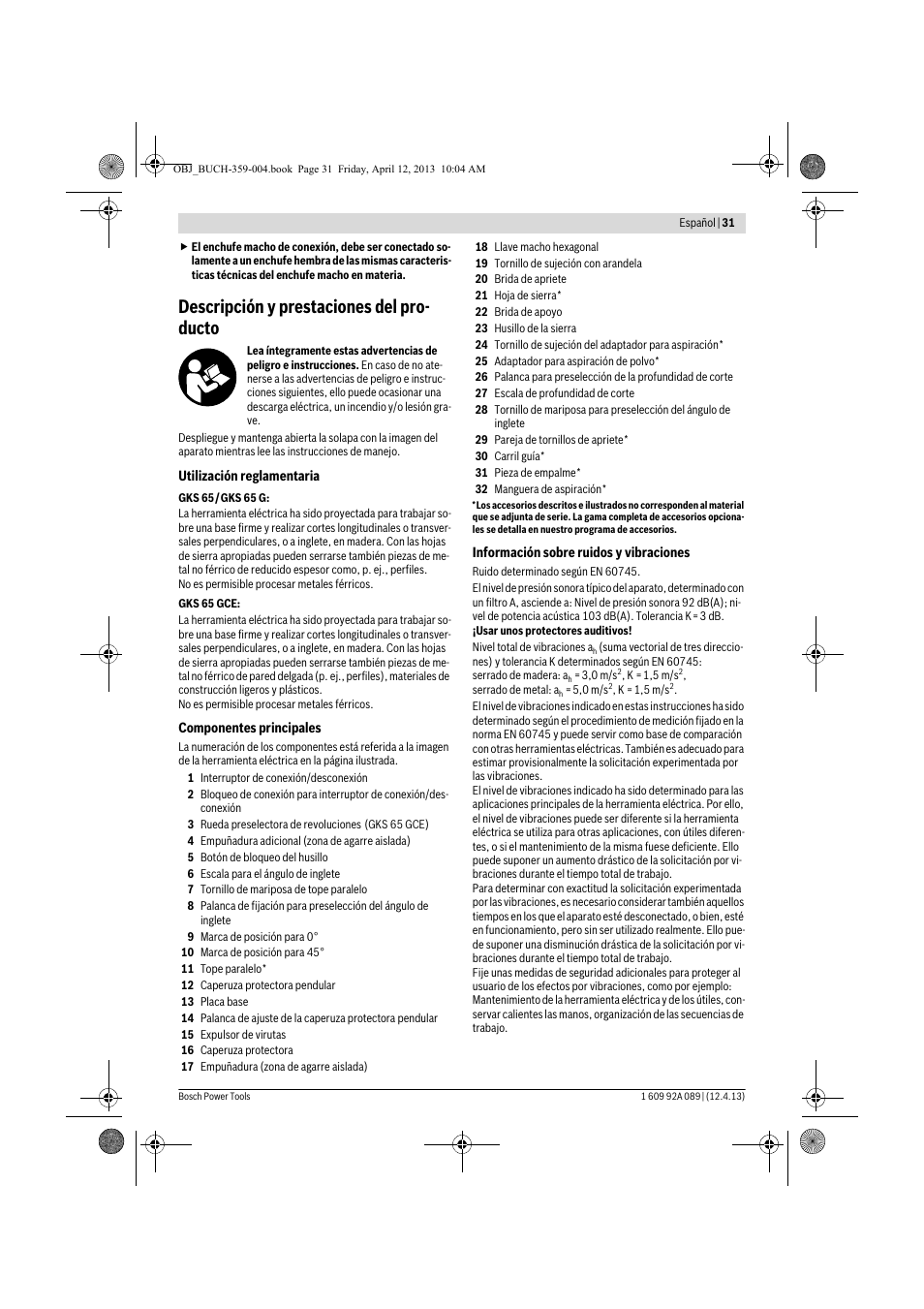 Descripción y prestaciones del pro- ducto | Bosch GKS 65 G Professional User Manual | Page 31 / 235