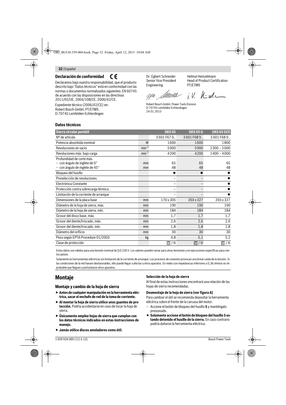 Montaje | Bosch GKS 65 G Professional User Manual | Page 32 / 235