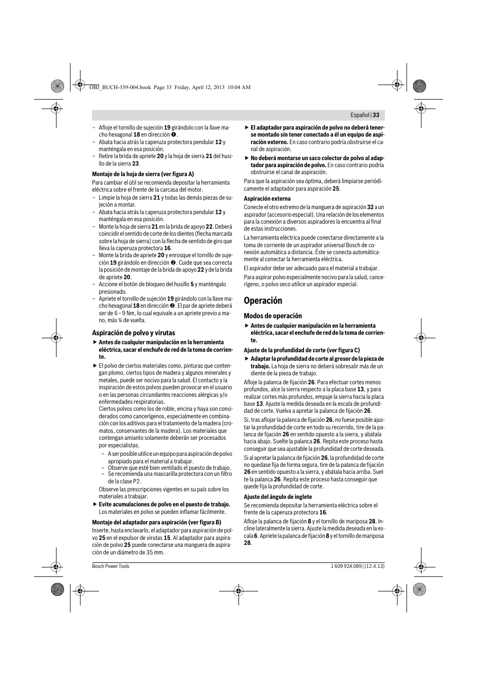 Operación | Bosch GKS 65 G Professional User Manual | Page 33 / 235