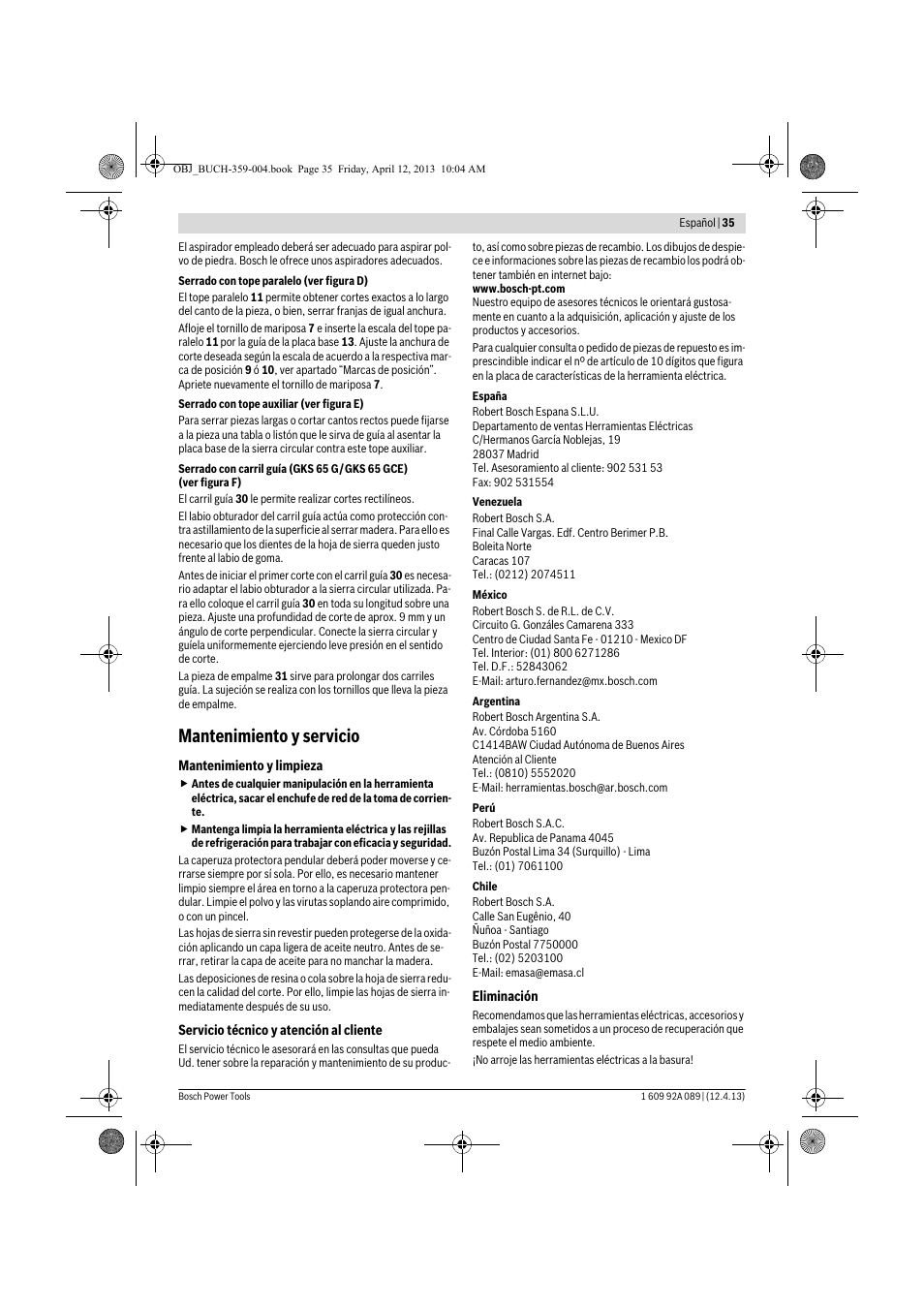 Mantenimiento y servicio | Bosch GKS 65 G Professional User Manual | Page 35 / 235