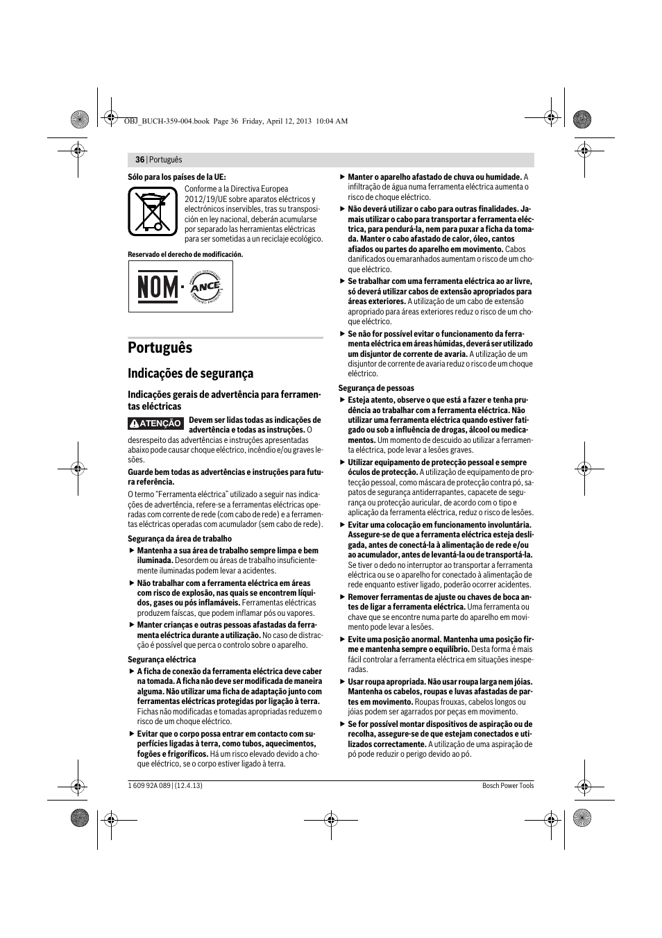 Português, Indicações de segurança | Bosch GKS 65 G Professional User Manual | Page 36 / 235