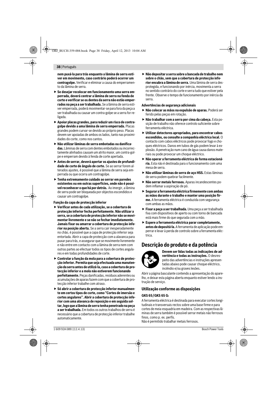 Descrição do produto e da potência | Bosch GKS 65 G Professional User Manual | Page 38 / 235