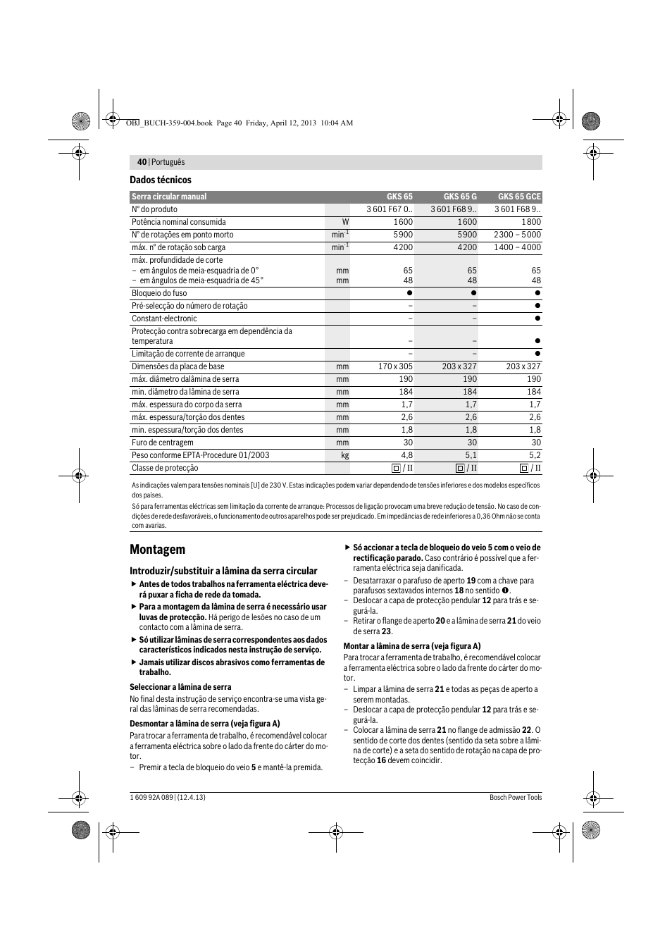 Montagem | Bosch GKS 65 G Professional User Manual | Page 40 / 235