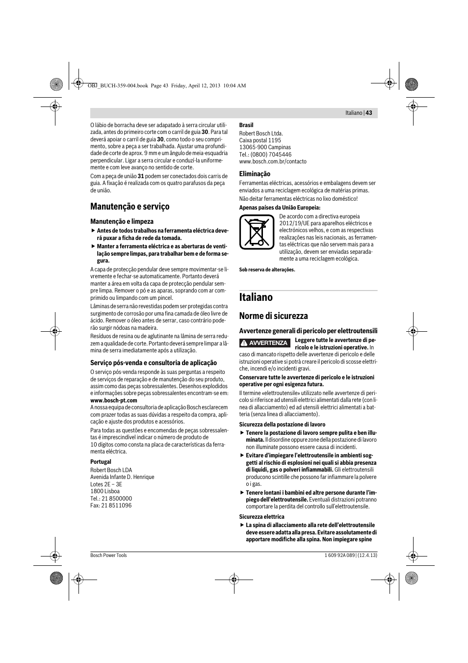 Italiano, Manutenção e serviço, Norme di sicurezza | Bosch GKS 65 G Professional User Manual | Page 43 / 235