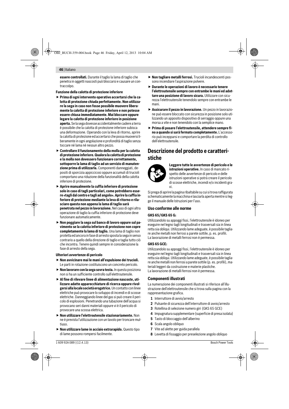 Descrizione del prodotto e caratteri- stiche | Bosch GKS 65 G Professional User Manual | Page 46 / 235