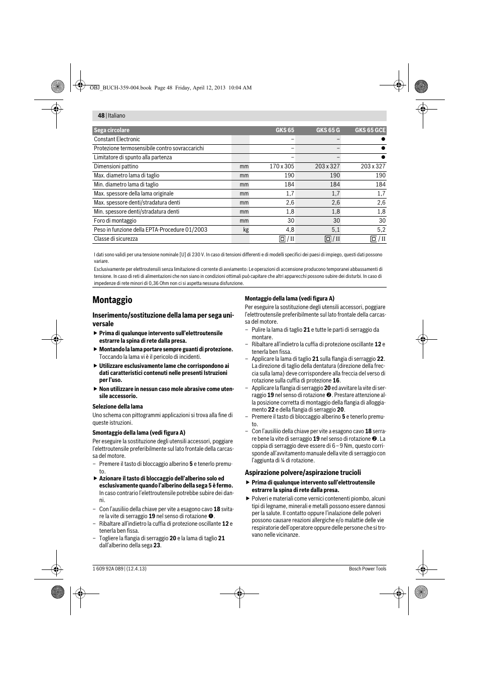 Montaggio | Bosch GKS 65 G Professional User Manual | Page 48 / 235