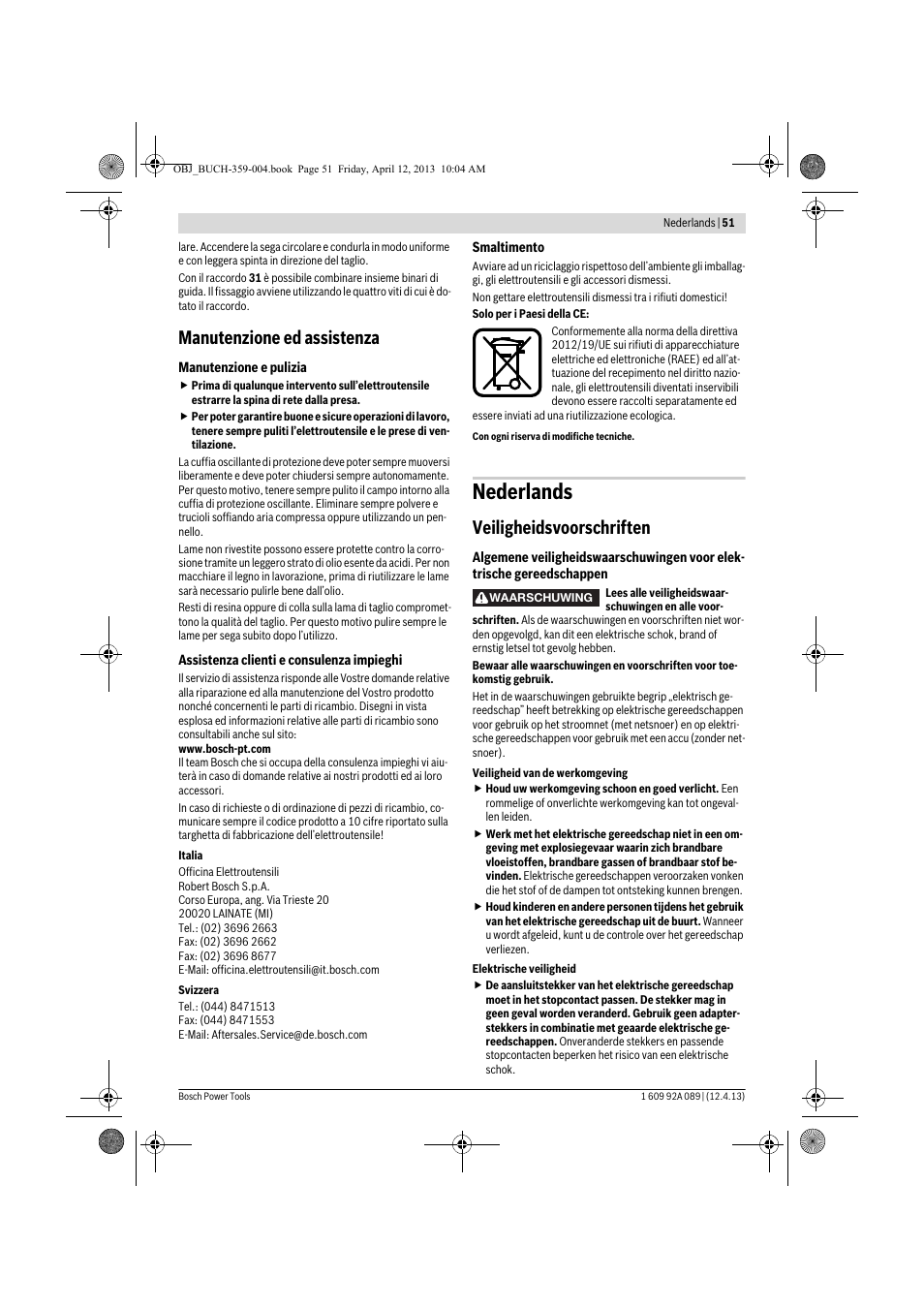 Nederlands, Manutenzione ed assistenza, Veiligheidsvoorschriften | Bosch GKS 65 G Professional User Manual | Page 51 / 235