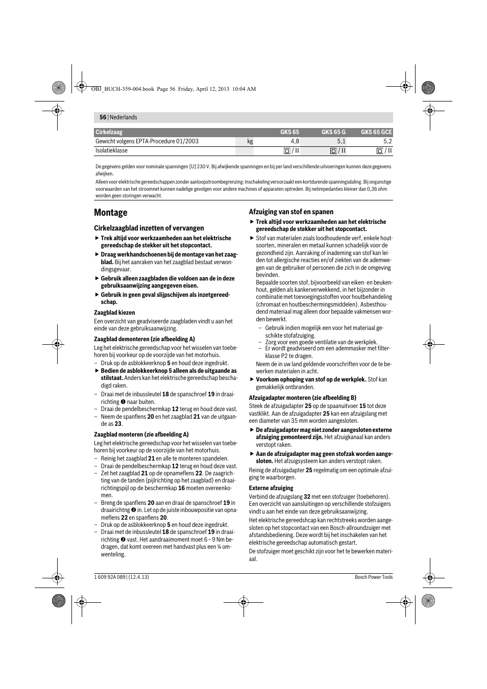 Montage | Bosch GKS 65 G Professional User Manual | Page 56 / 235