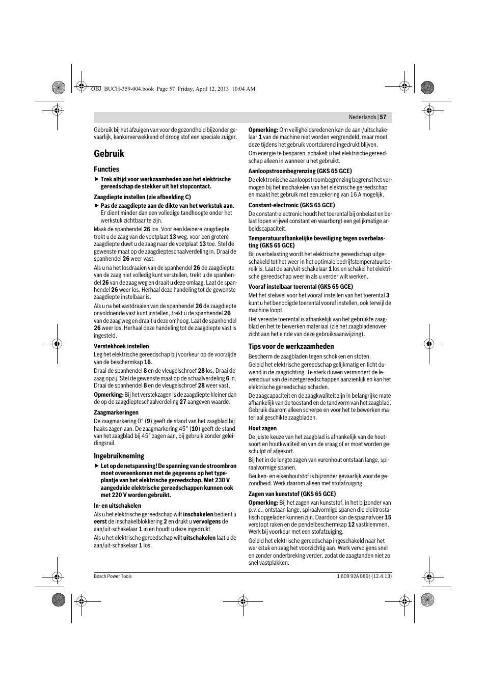 Gebruik | Bosch GKS 65 G Professional User Manual | Page 57 / 235