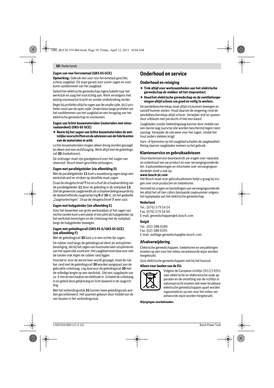 Onderhoud en service | Bosch GKS 65 G Professional User Manual | Page 58 / 235