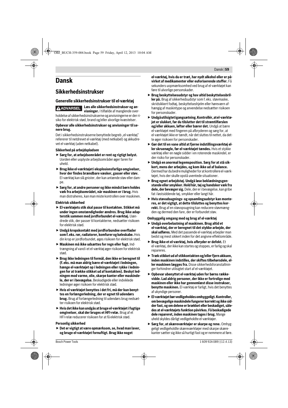 Dansk, Sikkerhedsinstrukser | Bosch GKS 65 G Professional User Manual | Page 59 / 235