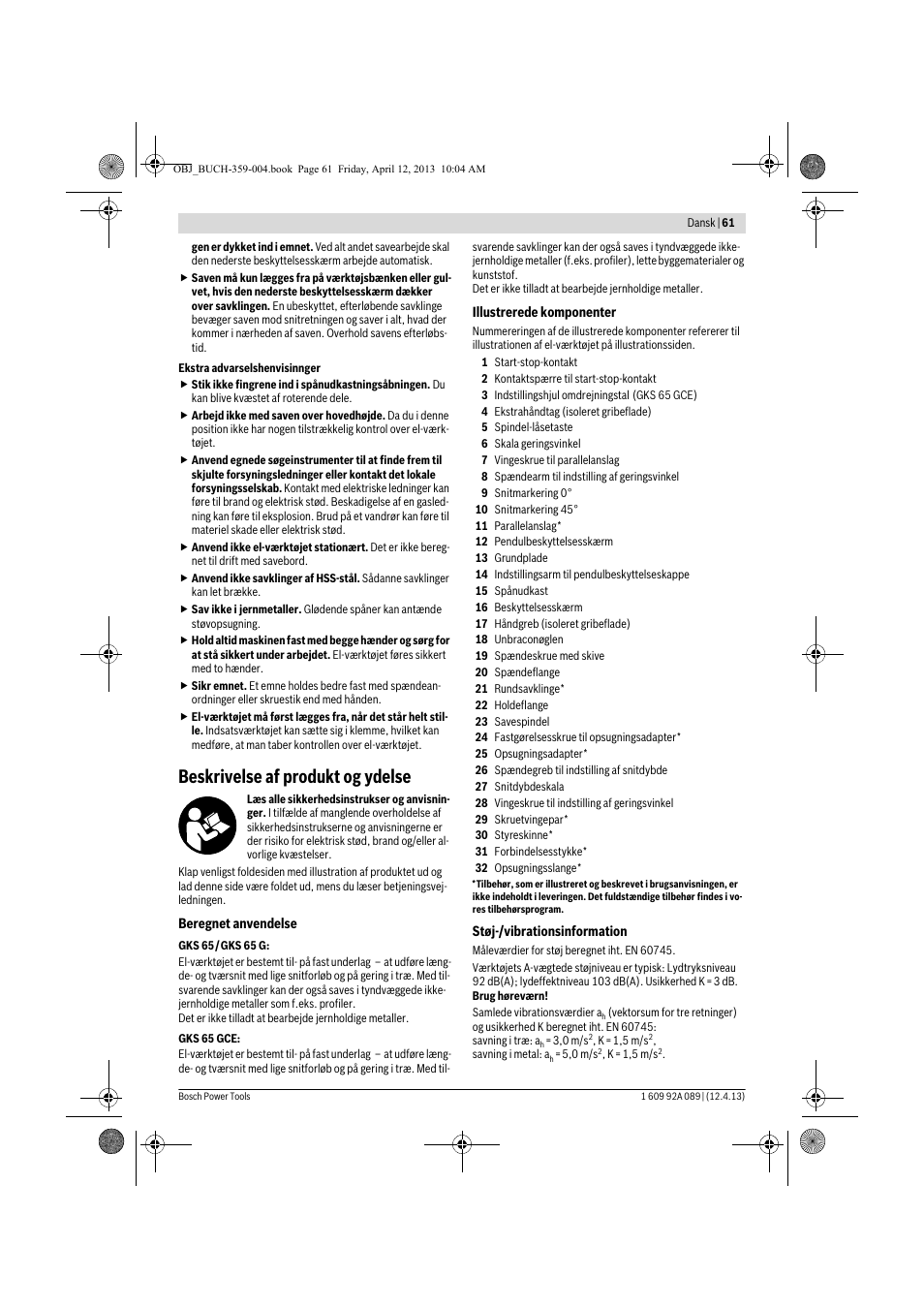 Beskrivelse af produkt og ydelse | Bosch GKS 65 G Professional User Manual | Page 61 / 235