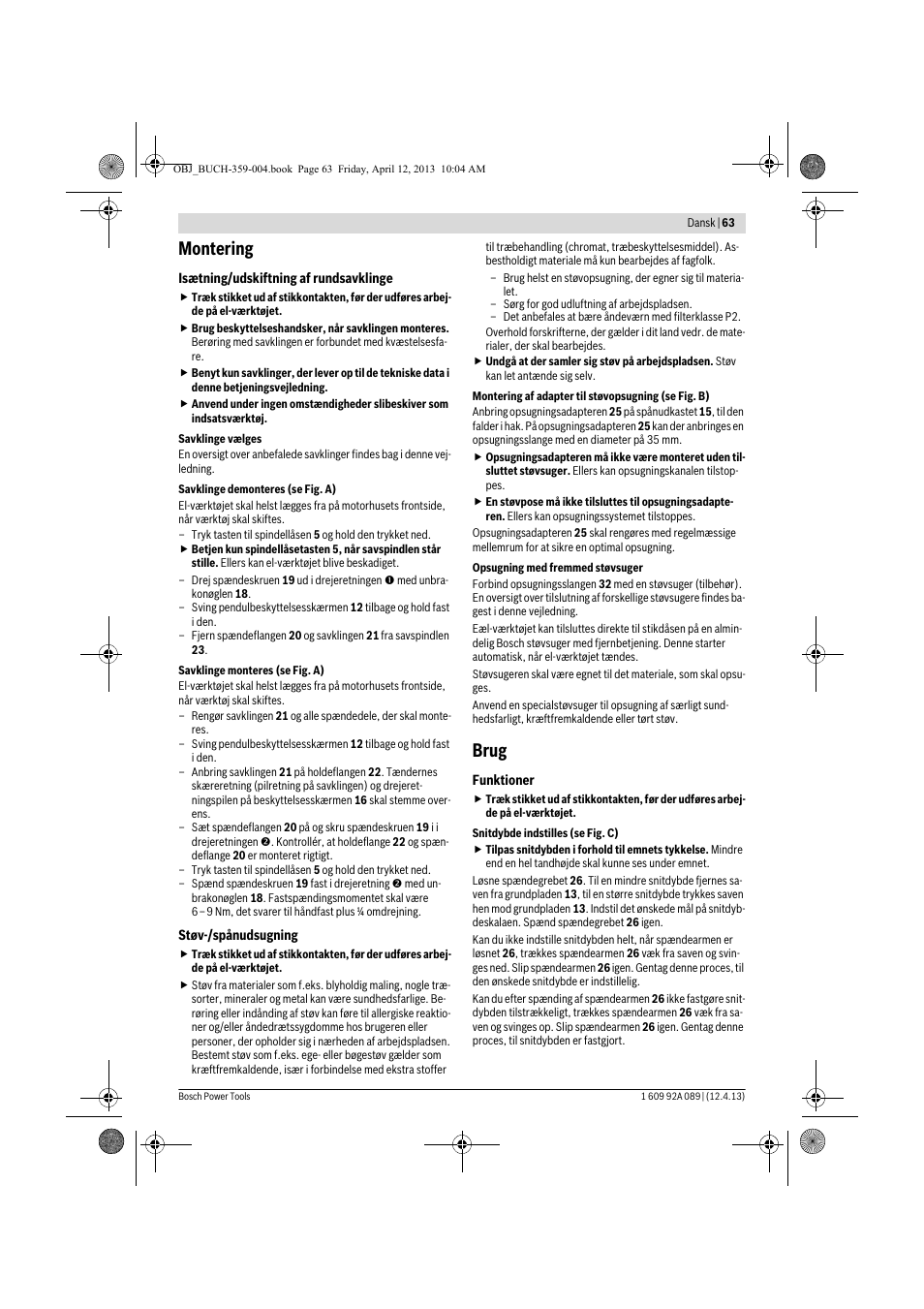 Montering, Brug | Bosch GKS 65 G Professional User Manual | Page 63 / 235