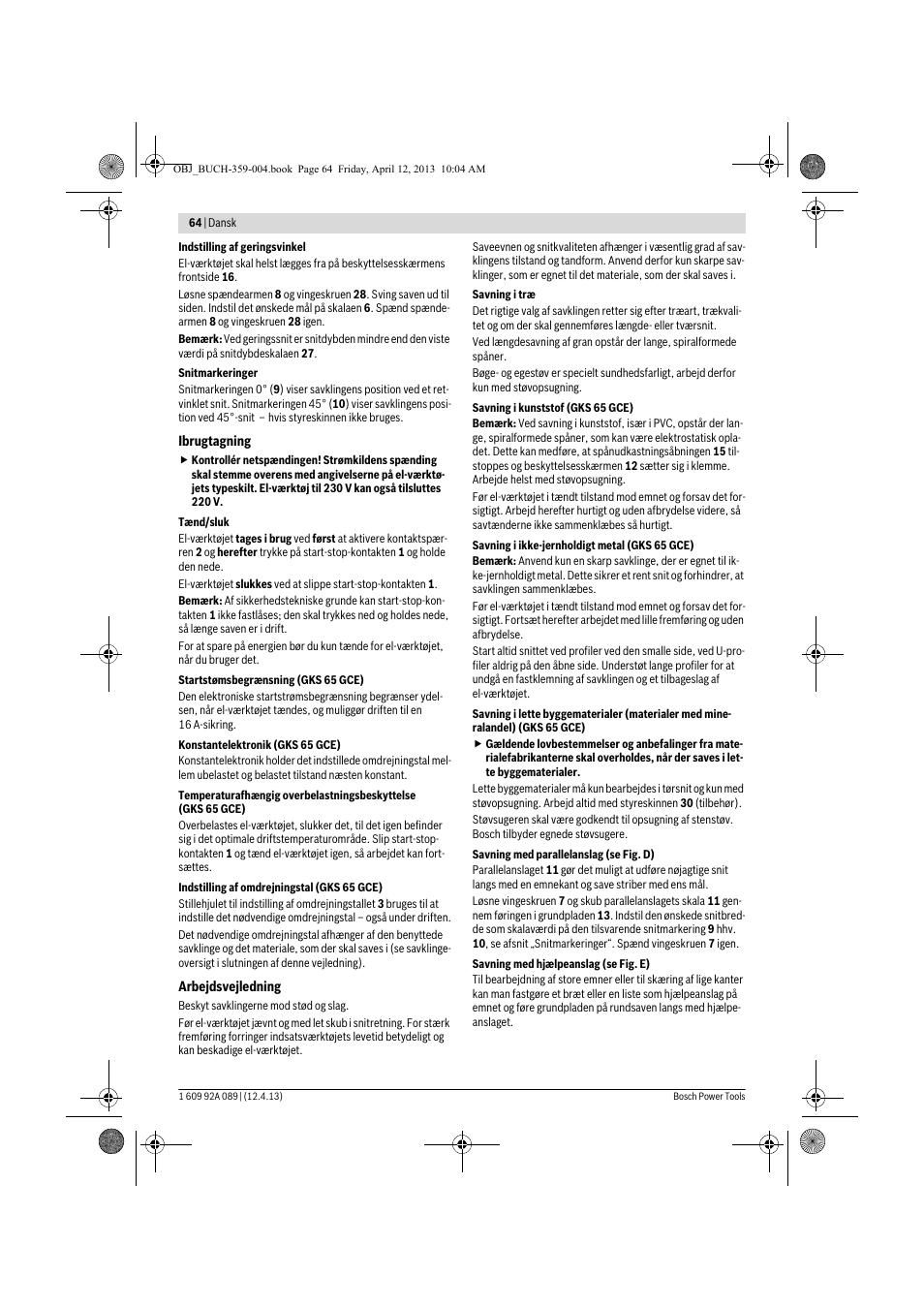 Bosch GKS 65 G Professional User Manual | Page 64 / 235