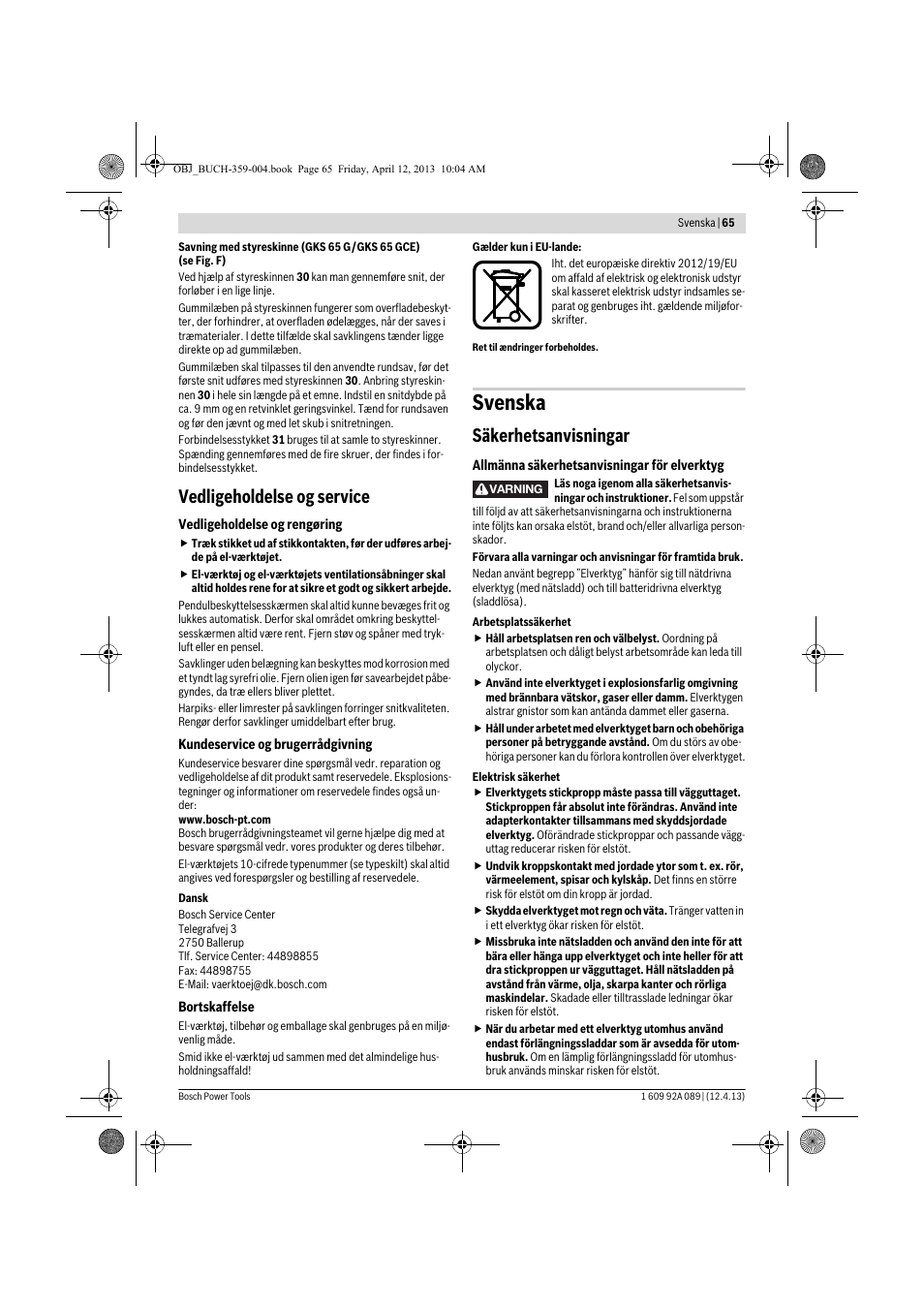 Svenska, Vedligeholdelse og service, Säkerhetsanvisningar | Bosch GKS 65 G Professional User Manual | Page 65 / 235