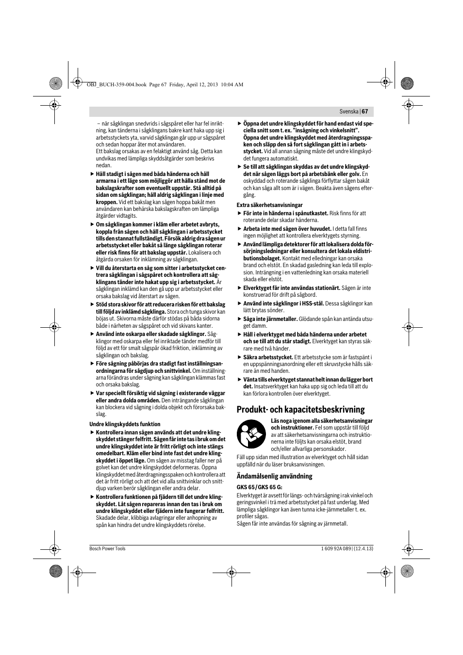 Produkt- och kapacitetsbeskrivning | Bosch GKS 65 G Professional User Manual | Page 67 / 235