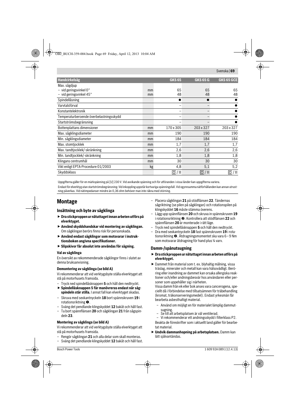 Montage | Bosch GKS 65 G Professional User Manual | Page 69 / 235
