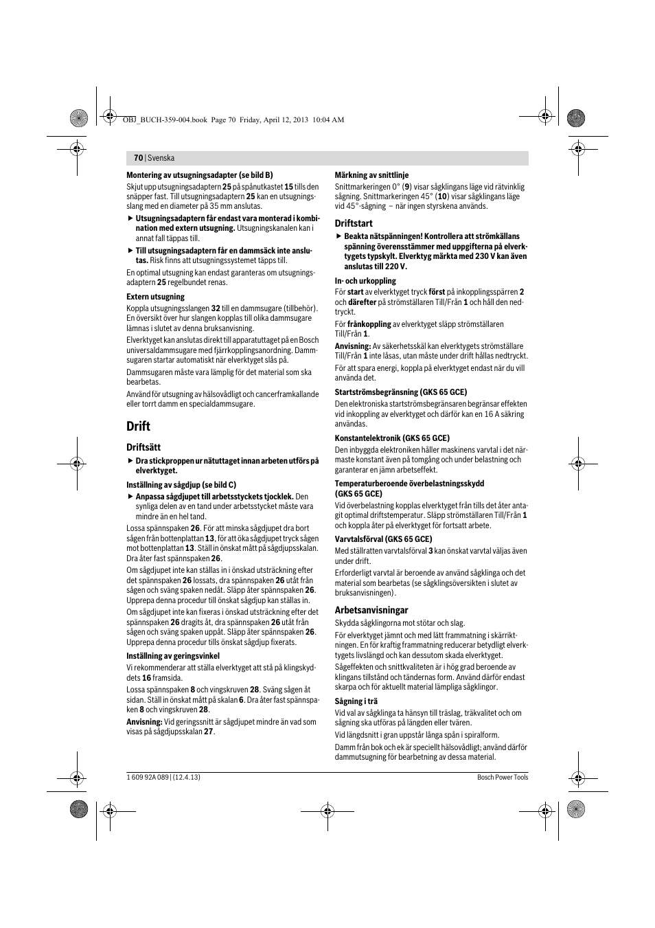 Drift | Bosch GKS 65 G Professional User Manual | Page 70 / 235