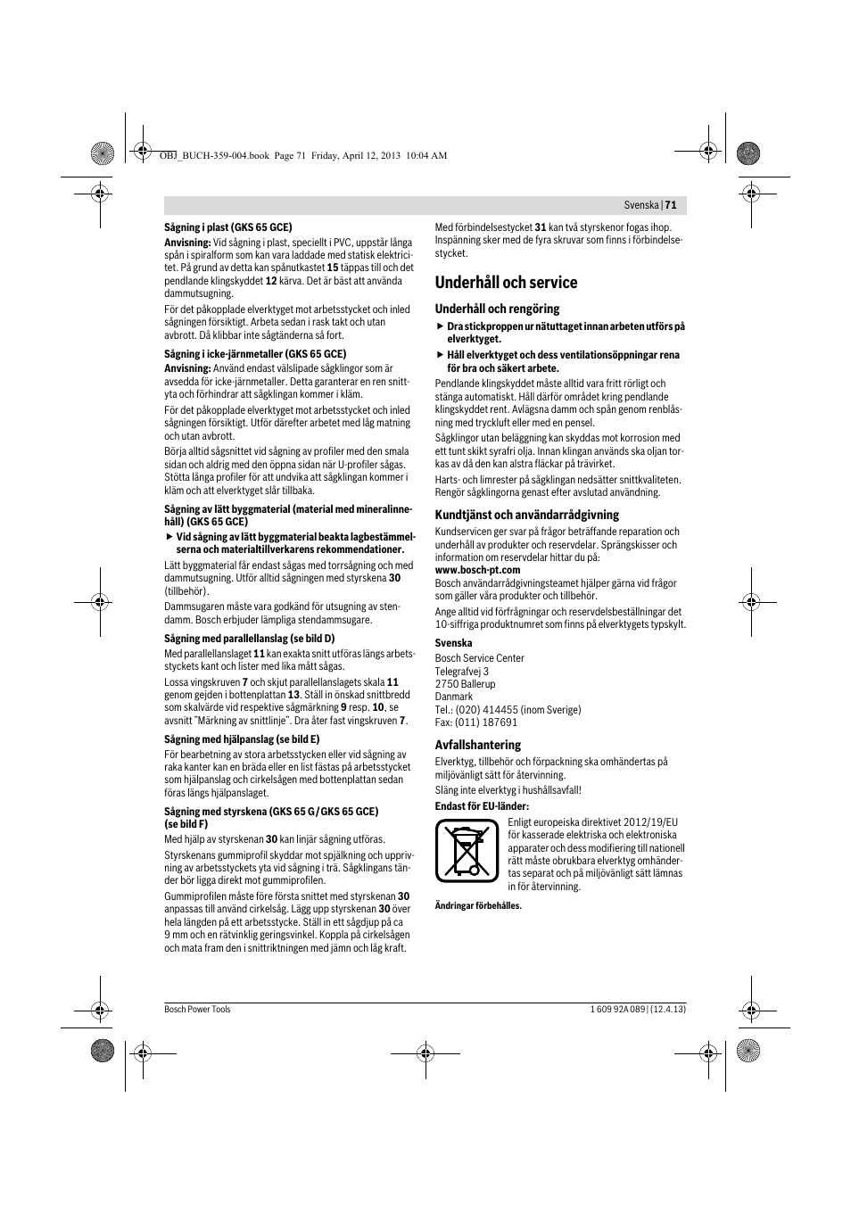 Underhåll och service | Bosch GKS 65 G Professional User Manual | Page 71 / 235