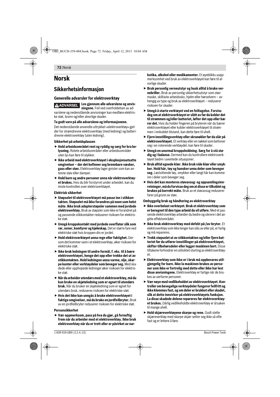 Norsk, Sikkerhetsinformasjon | Bosch GKS 65 G Professional User Manual | Page 72 / 235