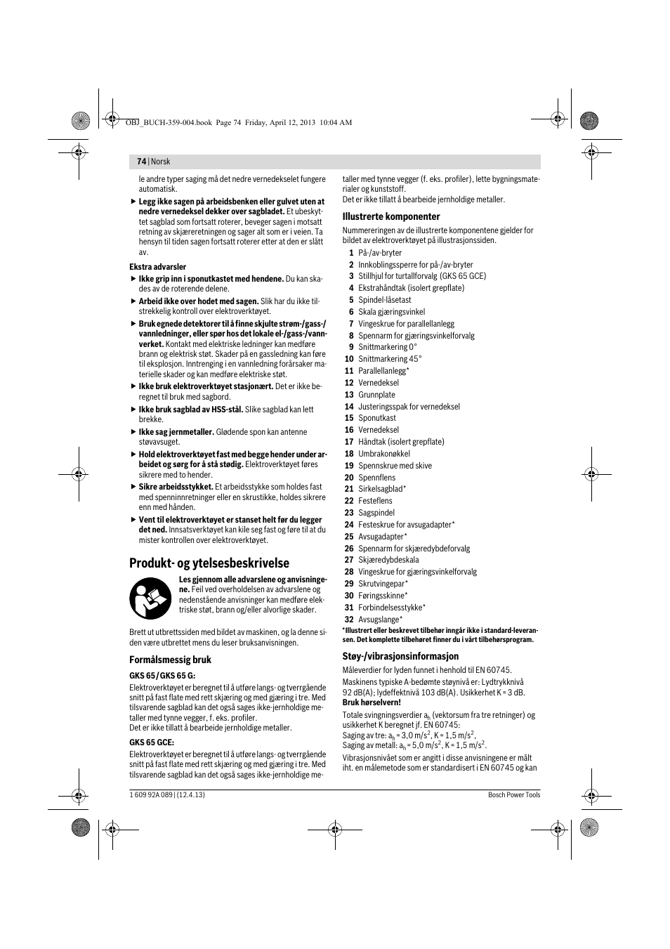 Produkt- og ytelsesbeskrivelse | Bosch GKS 65 G Professional User Manual | Page 74 / 235