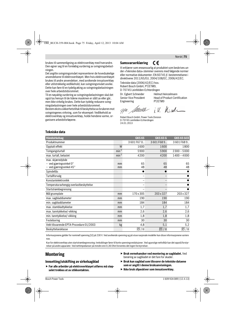 Montering | Bosch GKS 65 G Professional User Manual | Page 75 / 235