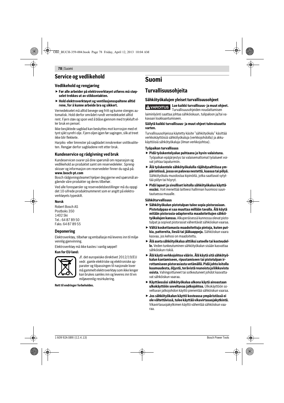 Suomi, Service og vedlikehold, Turvallisuusohjeita | Bosch GKS 65 G Professional User Manual | Page 78 / 235