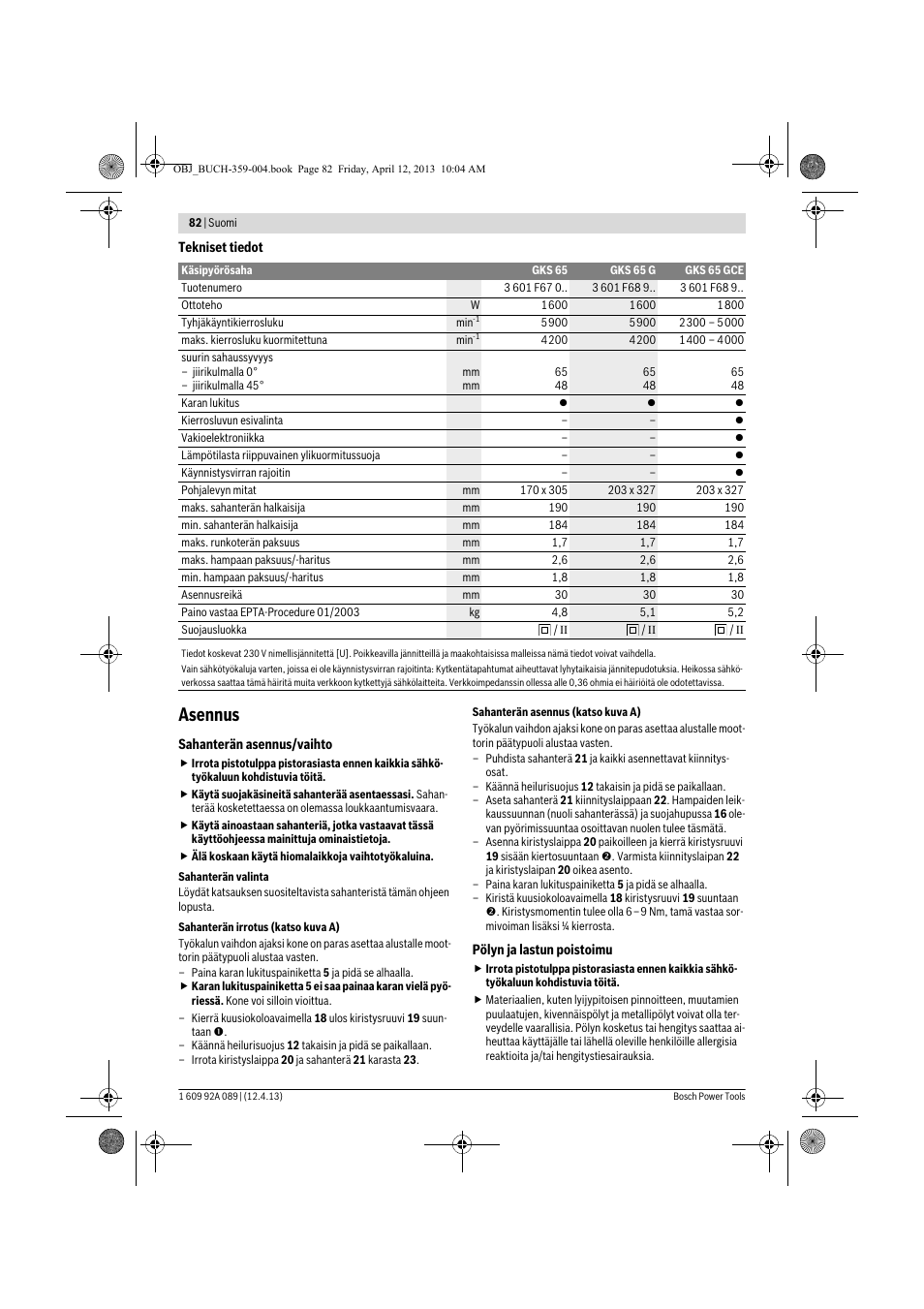 Asennus | Bosch GKS 65 G Professional User Manual | Page 82 / 235