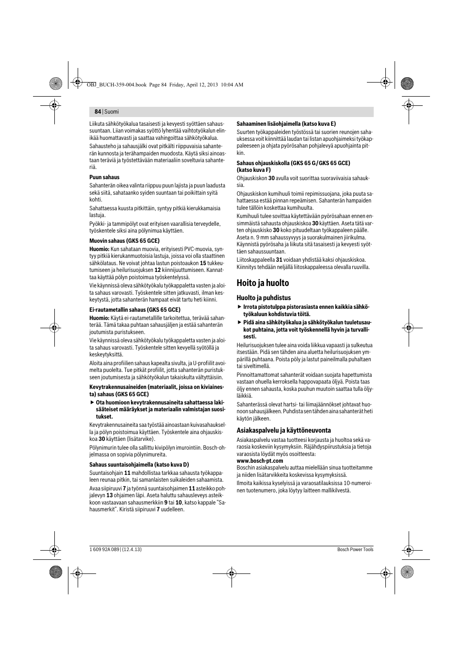 Hoito ja huolto | Bosch GKS 65 G Professional User Manual | Page 84 / 235