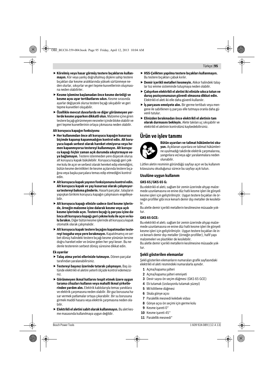 Ürün ve işlev tanımı | Bosch GKS 65 G Professional User Manual | Page 95 / 235