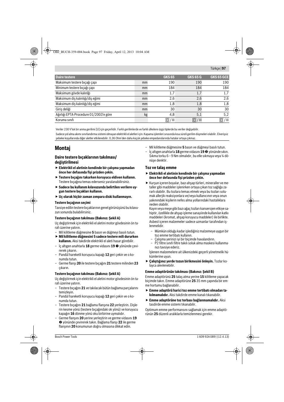 Montaj | Bosch GKS 65 G Professional User Manual | Page 97 / 235