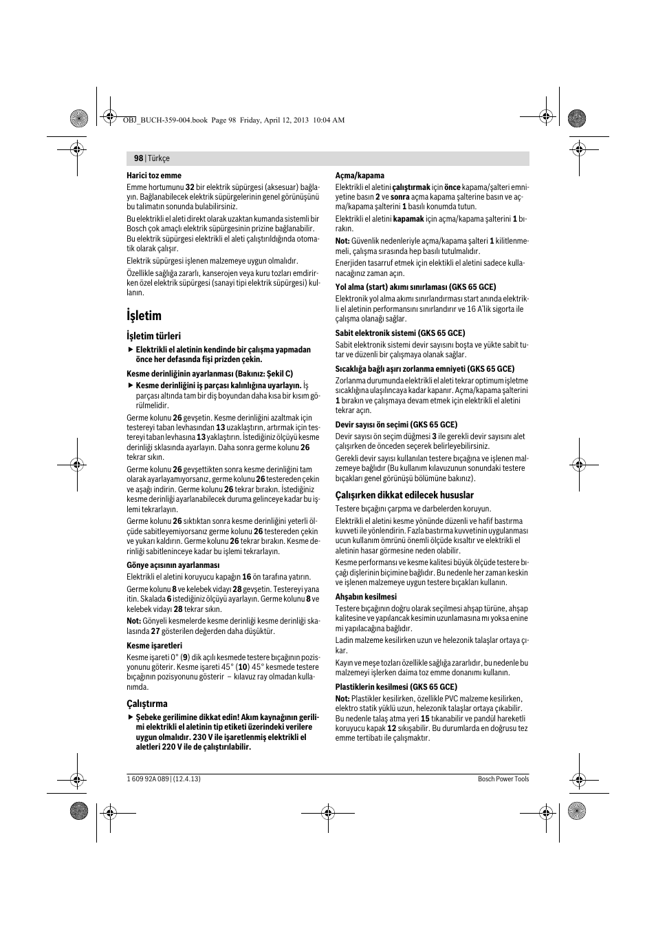 Işletim | Bosch GKS 65 G Professional User Manual | Page 98 / 235